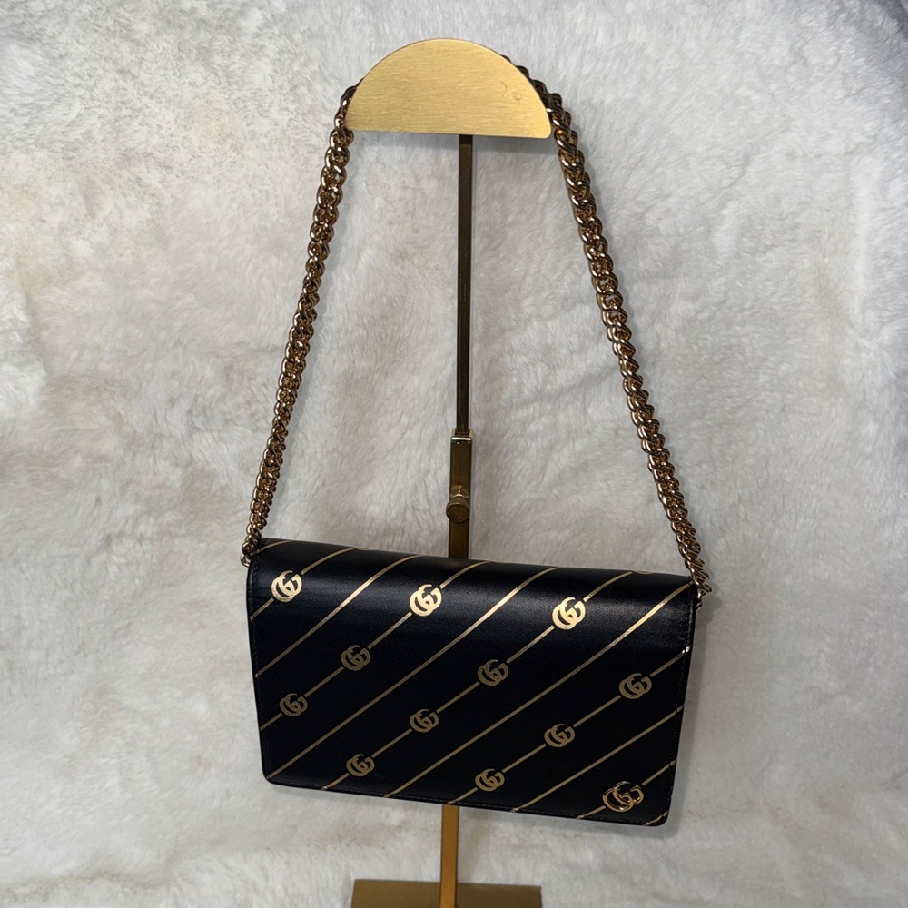 Gucci Black Leather Crossbody with Gold Diagonal GG Motif